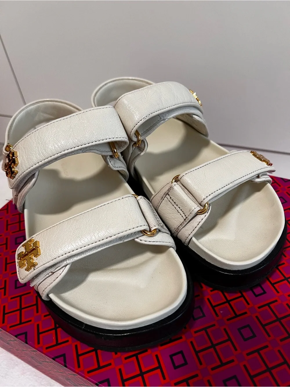 Tory Burch Beige Platform Sport Sandals with Gold Logo size 5.5